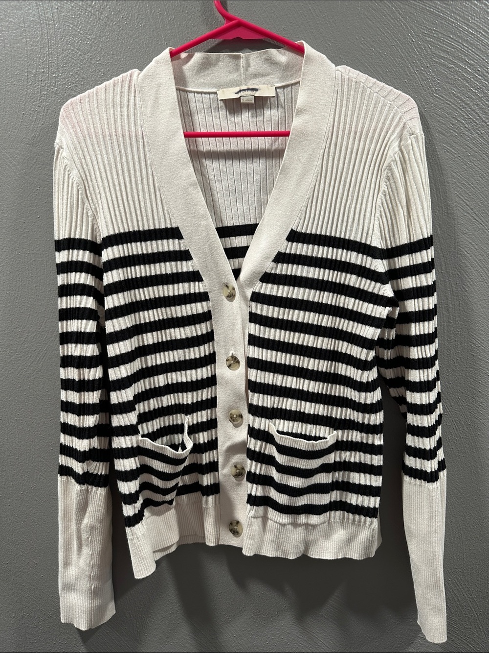 LOFT Black and White Striped V-Neck Button Cardigan